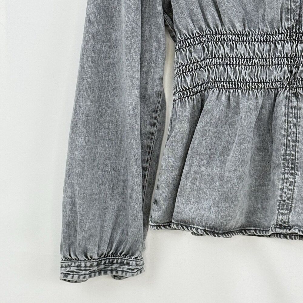 GAP Women’s Gray Denim Blouse V-Neck Smocked Waist Puff Long Sleeve Size L - Picture 9 of 16
